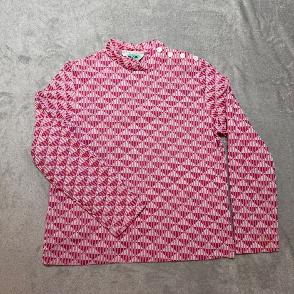 Vintage 70s Blair Pink Geometric Mock Neck Button Shoulder Top Made in USA Large
